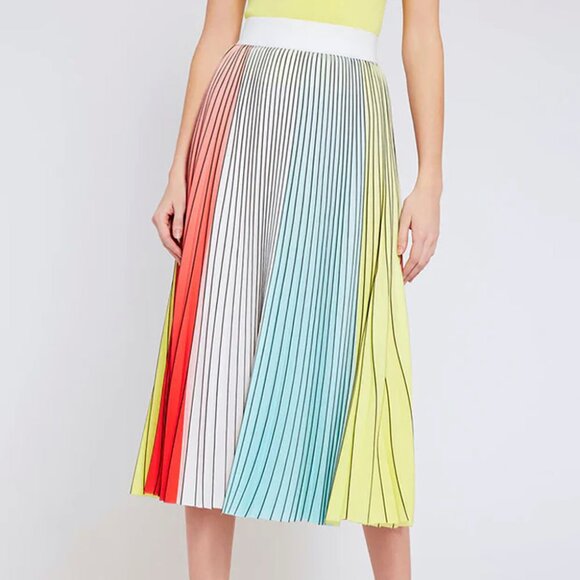 Alice + Olivia Arden Midi Skirt Pleated Ombre Red White Blue Yellow Black 6